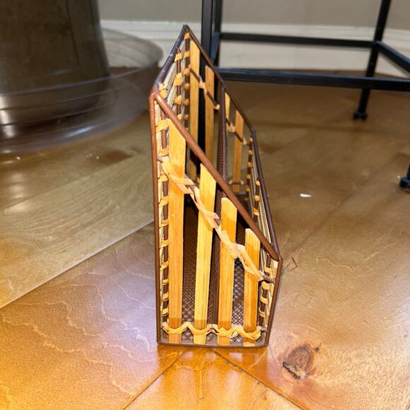 Vintage set of woven bamboo desktop organizers pen cup sticky note mail - Picture 3 of 10